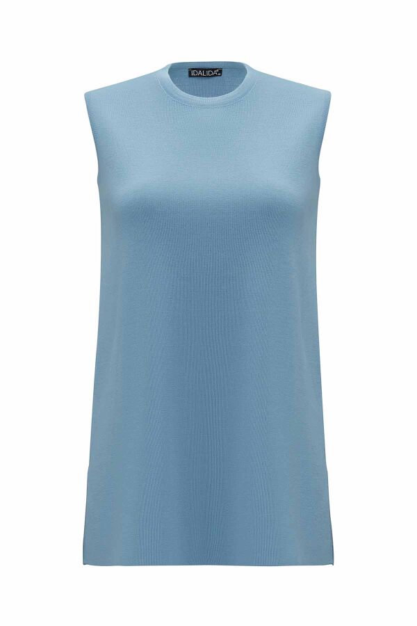 Basic Sleeveless Knitted Blue Tunic - 1