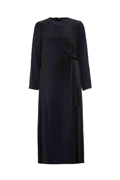 Bel Detaylı Cupro Siyah Elbise - 1