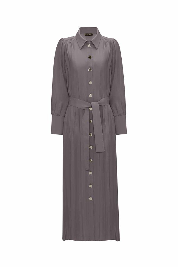 Button Detailed Belted Shirt Collar Dress - 5
