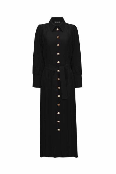 Button Detailed Belted Shirt Collar Dress - 7