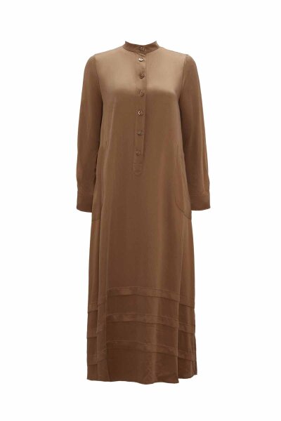 Buttoned Plain Dress with Mandarin Collar in Camel 