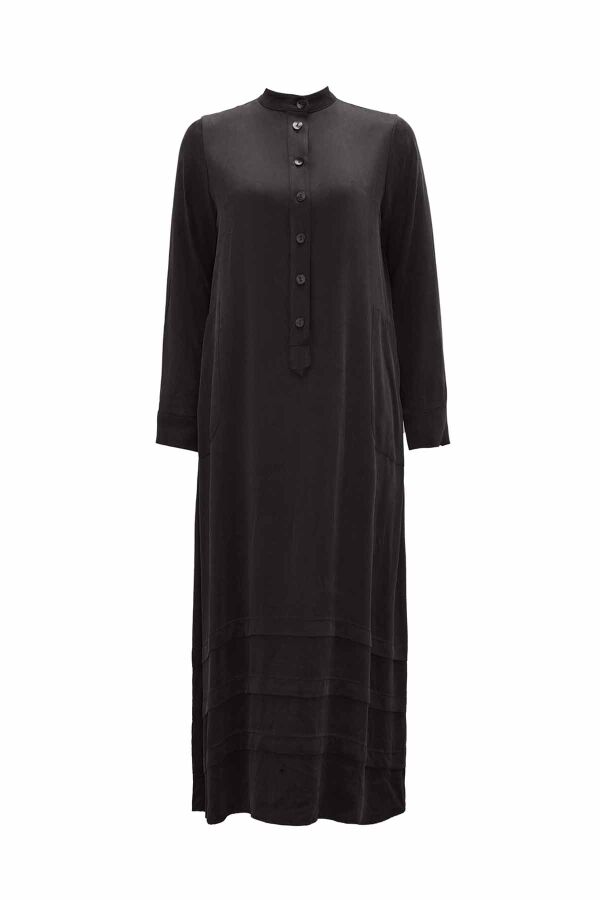 Buttoned Plain Dress with Mandarin Collar in Dark Grey - 1