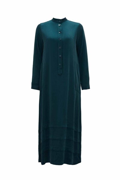 Buttoned Plain Dress with Mandarin Collar in Petrol Blue - MISS DALIDA