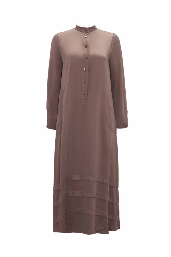 Buttoned Plain Dress with Mandarin Collar in Taupe - 1