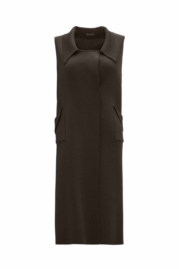 Cep Detaylı Triko Kahverengi Yelek - 1