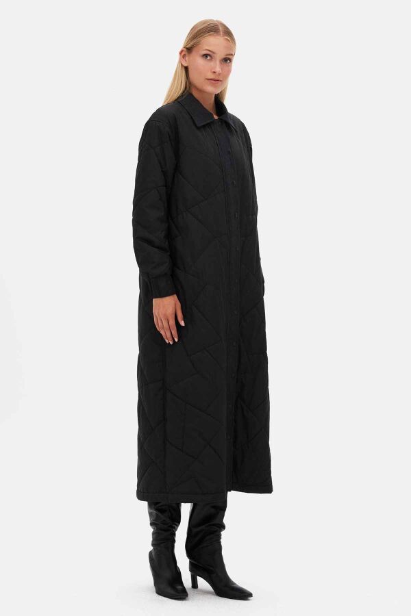 Denim Kumaş Detaylı Kapitone Siyah Kap - 2