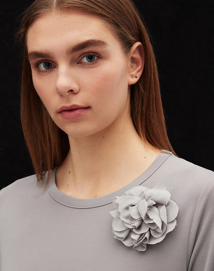 Floral Brooch Plain Color Basic Tunic - 5