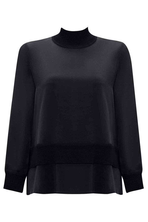 Knitted Band Detailed Cupro Black Tunic - 1