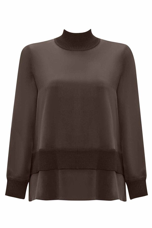 Knitted Band Detailed Cupro Brown Tunic - 1