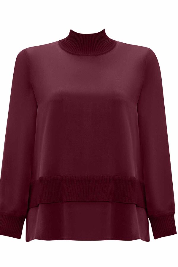 Knitted Band Detailed Cupro Burgundy Tunic - 1