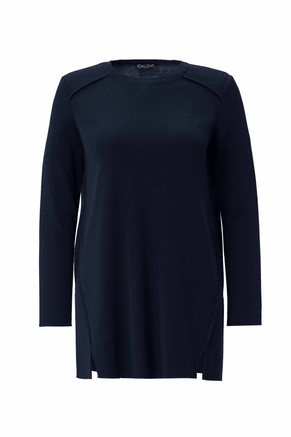 Long Sleeve Basic Navy Blue Knit Tunic - 1