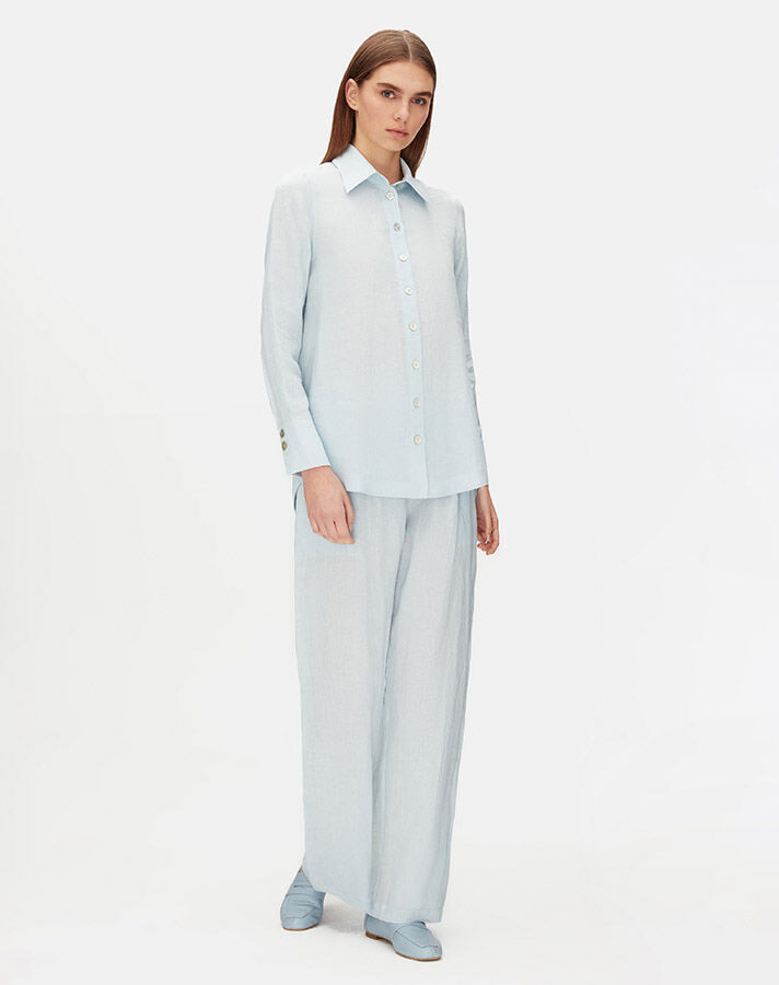 Pearl Buttoned Solid Color Linen Shirt - 5