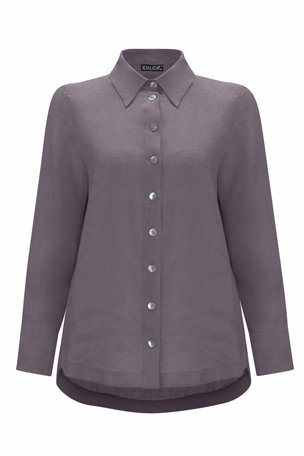 Pearl Buttoned Solid Color Linen Shirt - 6