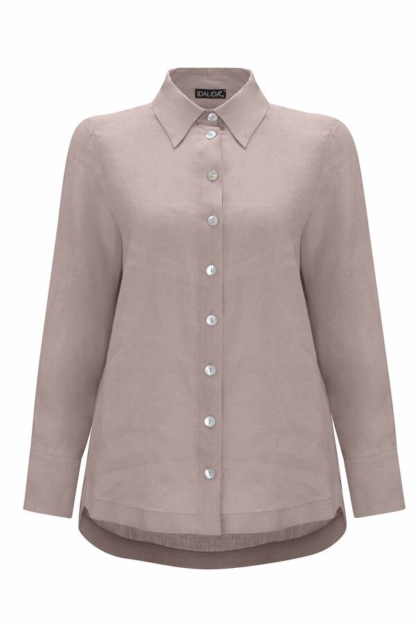 Pearl Buttoned Solid Color Linen Shirt - 8