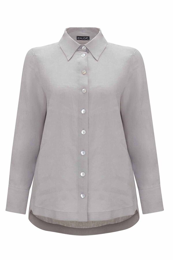 Pearl Buttoned Solid Color Linen Shirt - 10