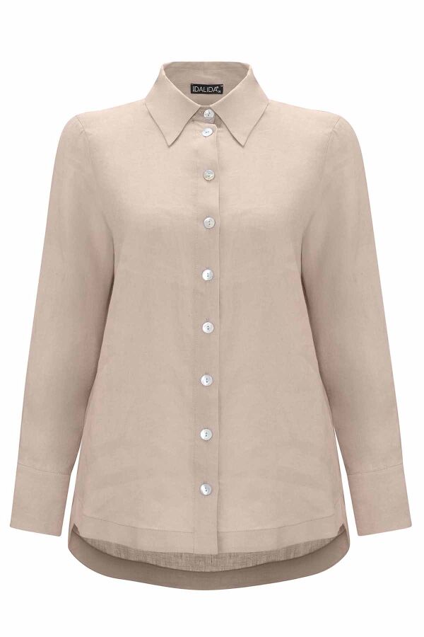 Pearl Buttoned Solid Color Linen Shirt - 1
