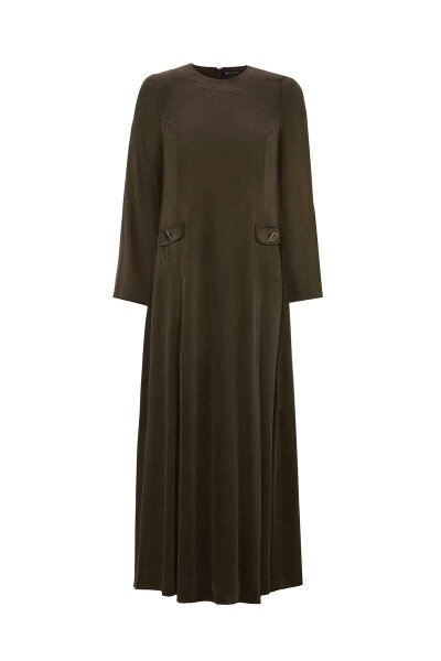 Pocket Detailed Plain Brown Dress 