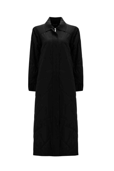 Quilted Black Coat with Denim Fabric Details - 3