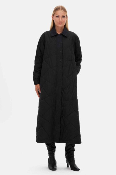 Quilted Black Coat with Denim Fabric Details - 1