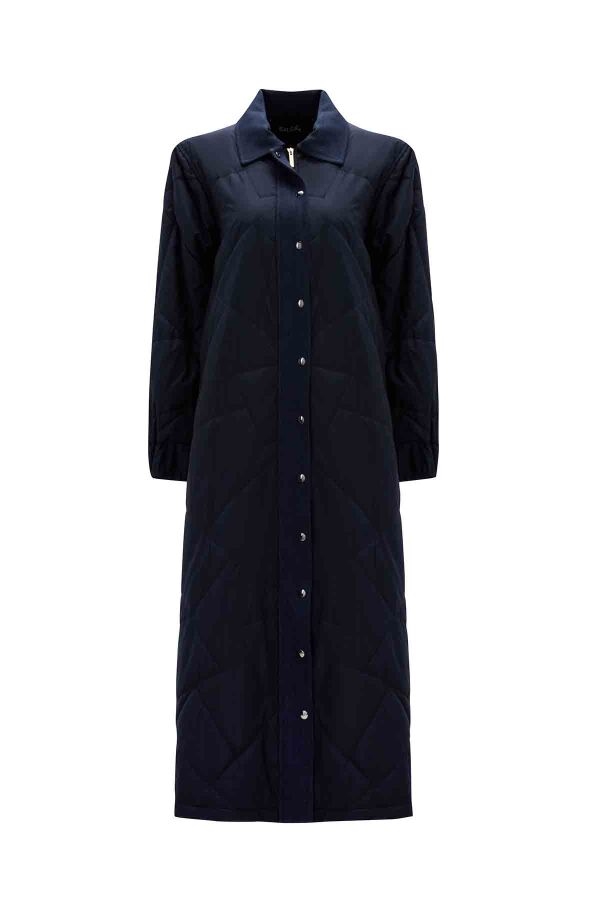 Quilted Navy Blue Coat with Denim Fabric Details - 1