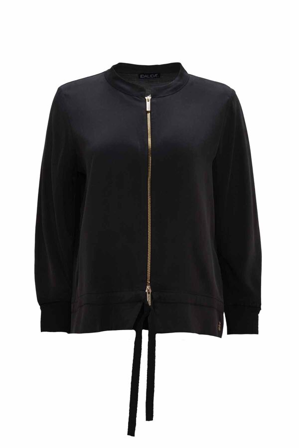 Round Neck Zippered Solid Black Coat - 1