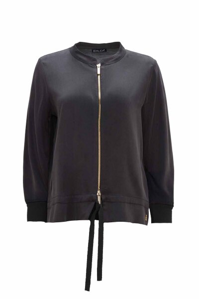 Round Neck Zippered Solid Dark Grey Coat 
