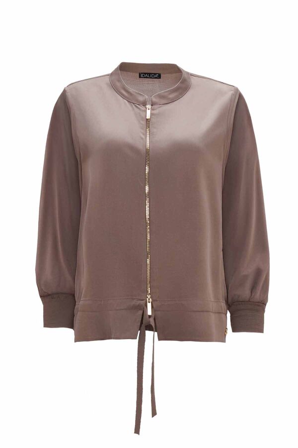 Round Neck Zippered Solid Mink Coat - 1