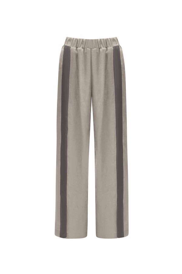 Şerit Detaylı Keten Bol Paça Pantolon - 7