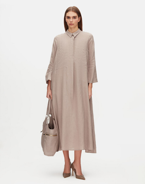 Solid Color Linen Shirt Dress with Pockets - 2