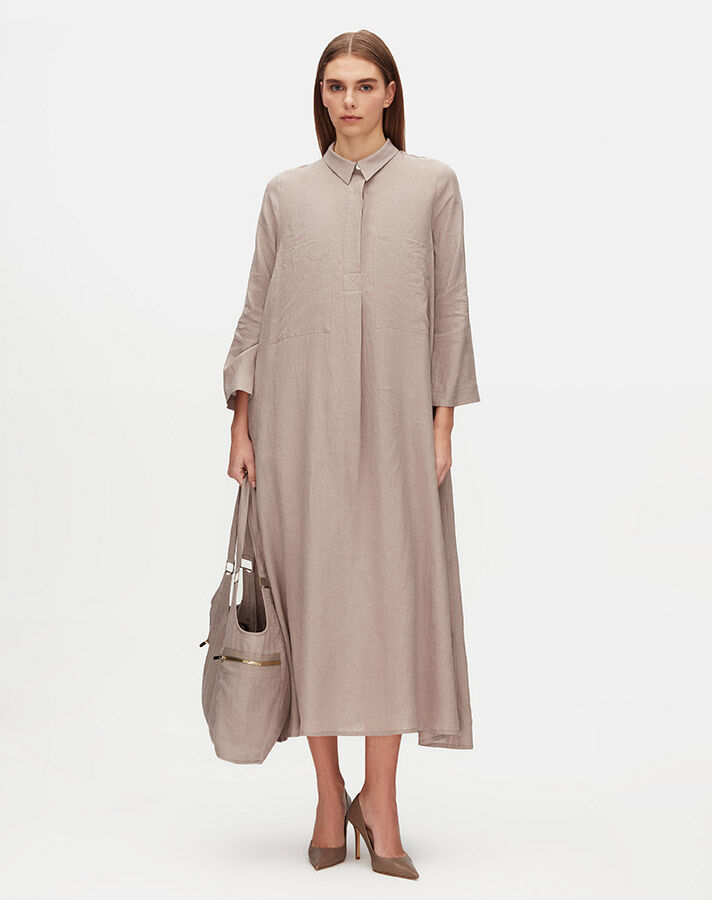 Solid Color Linen Shirt Dress with Pockets - 2