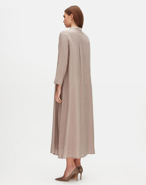 Solid Color Linen Shirt Dress with Pockets - 4