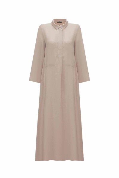 Solid Color Linen Shirt Dress with Pockets - 1