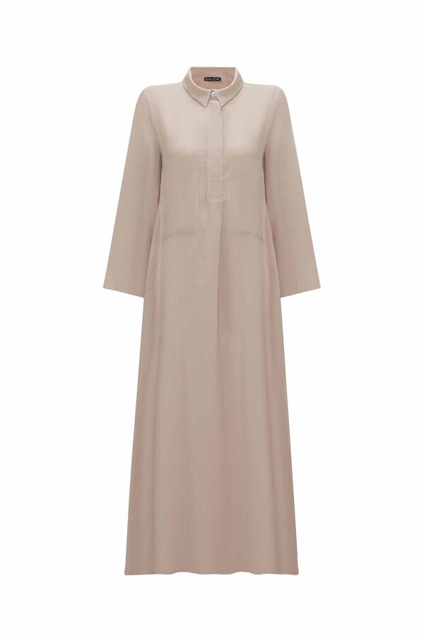 Solid Color Linen Shirt Dress with Pockets - 1