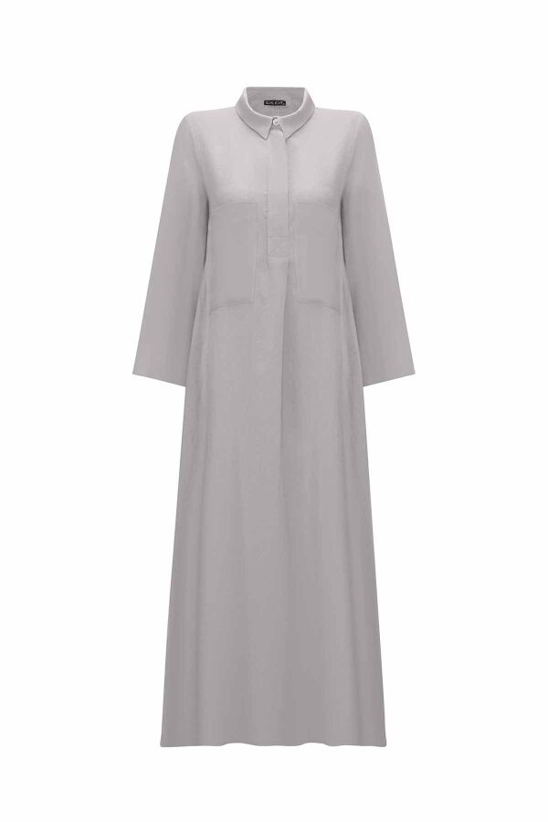 Solid Color Linen Shirt Dress with Pockets - 5