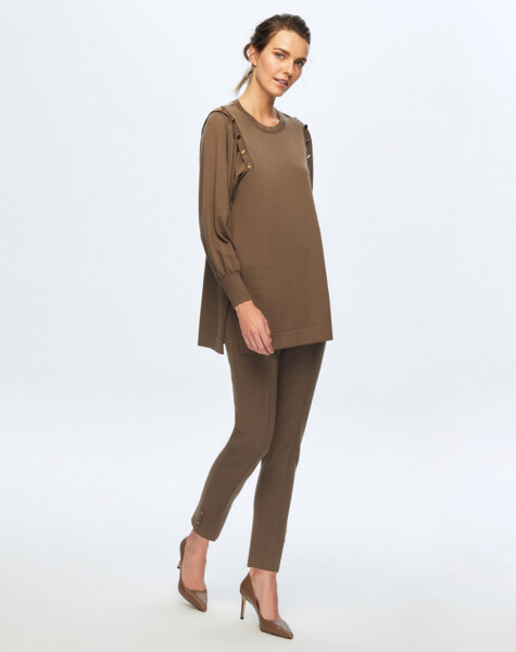 T24K-7010 Paçası Düğme Detaylı Triko Pantolon - 4