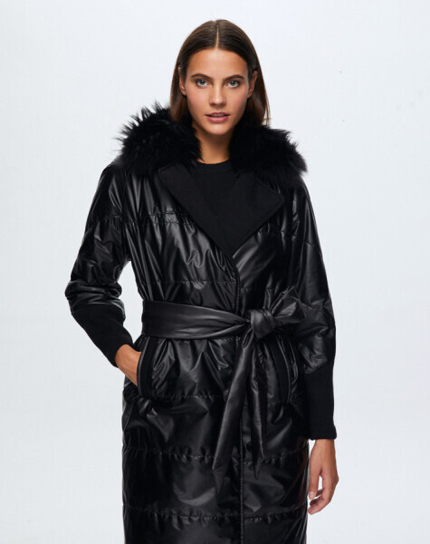 T24K-8021 Askı Detaylı Kürklü Uzun Mont BLACK - 1