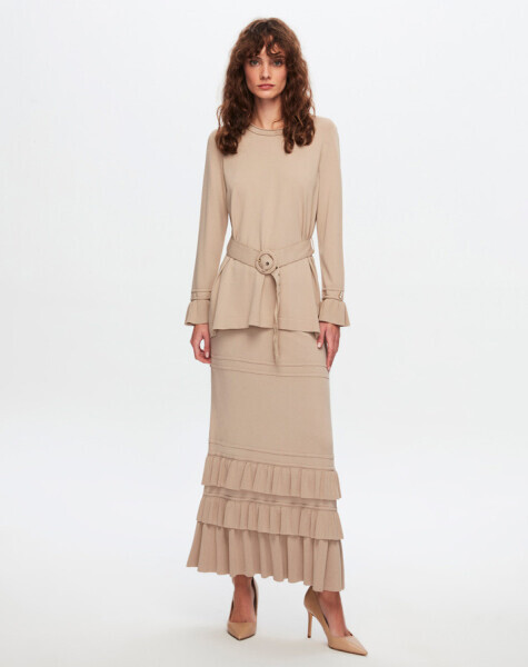 T24Y-2004 Etek Ucu Fırfırlı Çam Kesim Etek 1052-BEİGE - MISS DALIDA