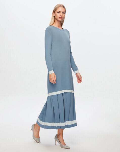 T24Y-4010 Üst Kısmı Düz Plise Detaylı Elbise 1236-BLUE - 1