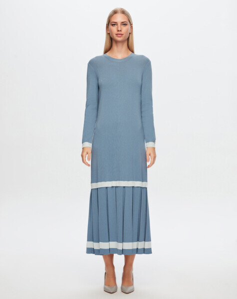 T24Y-4010 Üst Kısmı Düz Plise Detaylı Elbise 1236-BLUE - 2