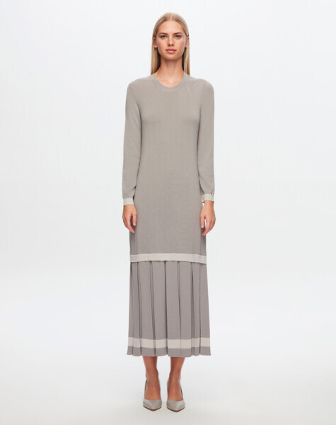 T24Y-4010 Üst Kısmı Düz Plise Detaylı Elbise 1381-DARK GREY - 2