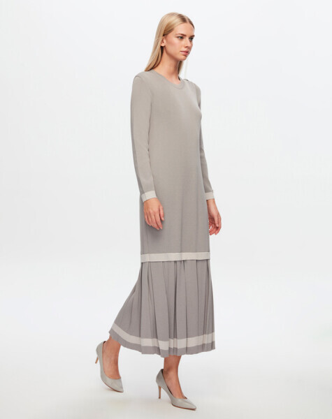 T24Y-4010 Üst Kısmı Düz Plise Detaylı Elbise 1381-DARK GREY - MISS DALIDA