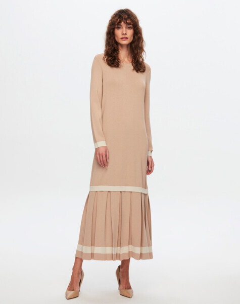 T24Y-4010 Üst Kısmı Düz Plise Detaylı Elbise 1515-CAMEL - 2