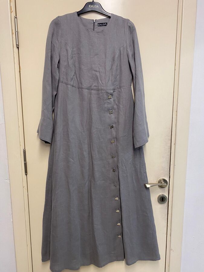 T24Y-4016 Düğme Detaylı Keten Klasik Elbise - 8