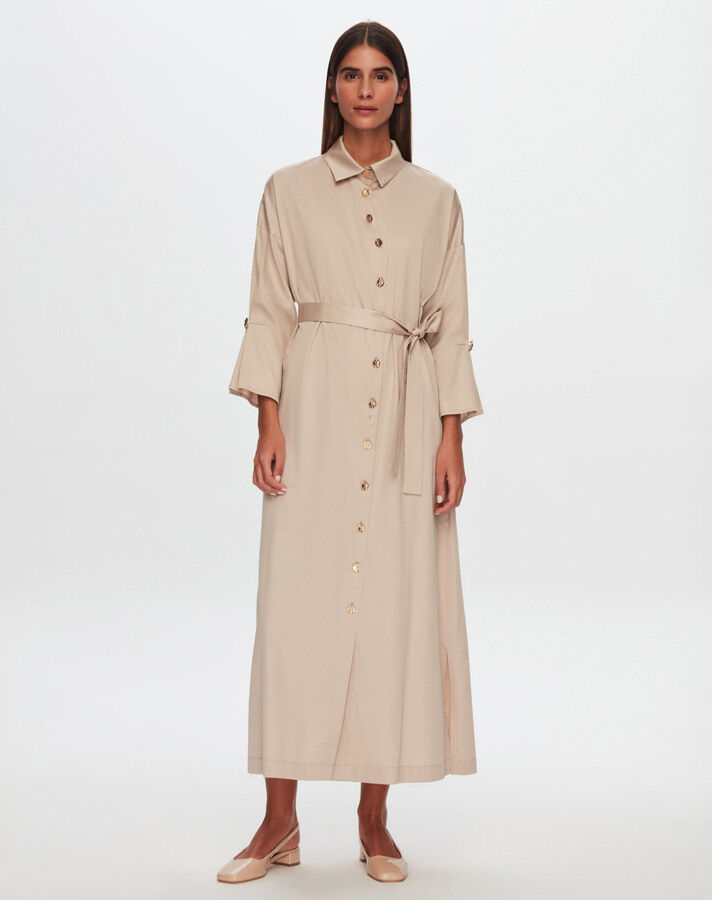 T24Y-4034 Gold Buttoned Long Poplin Dress - 3