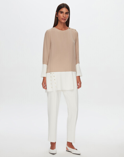 T24Y-6050 Etek Ucu Düğme Detaylı Cupro Tunik BEİGE - MISS DALIDA