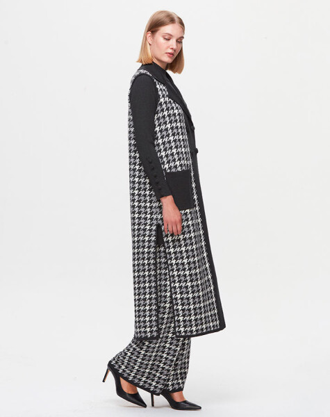 T25K-1003 Houndstooth Patterned Long Knitwear Vest - 3
