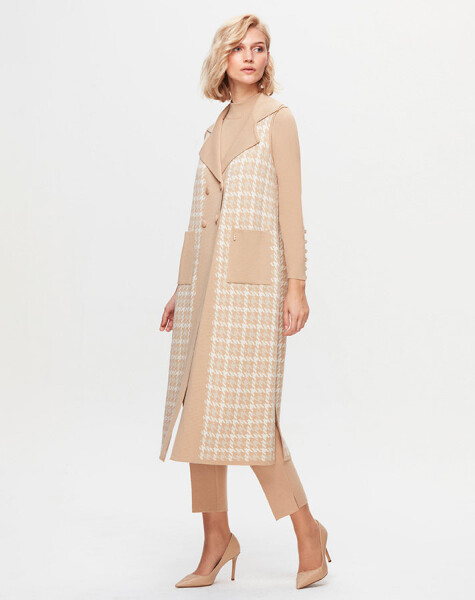 T25K-1003 Houndstooth Patterned Long Knitwear Vest - 1