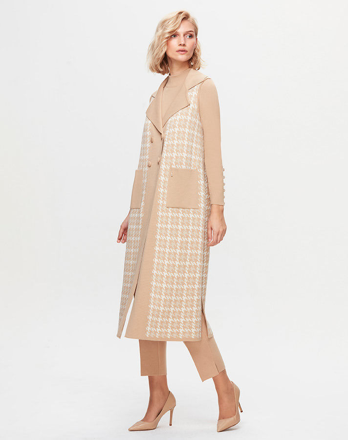 T25K-1003 Houndstooth Patterned Long Knitwear Vest - 1