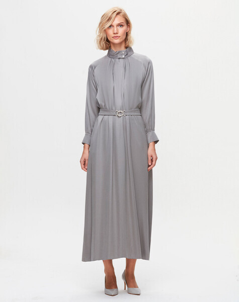 T25K-4002 Dik Yaka Cupro Elbise BLACK - 8