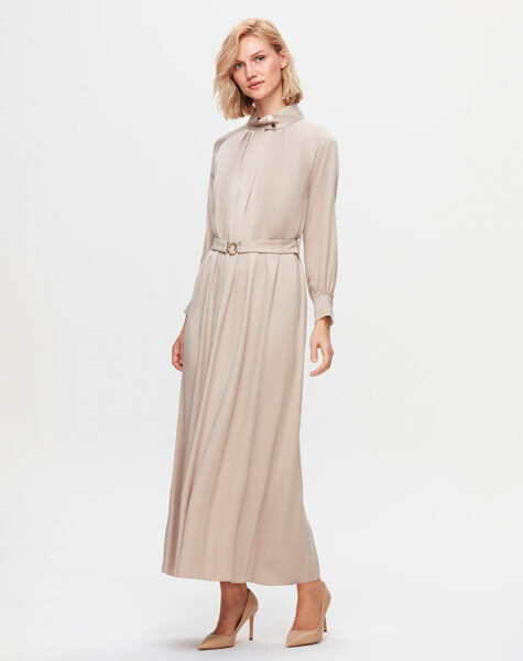 T25K-4002 Dik Yaka Cupro Elbise STONE - 1